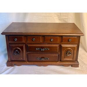 Vintage Wood Jewelry Box Chest Red Velvet Lining Mirror Drawers Ring Storage